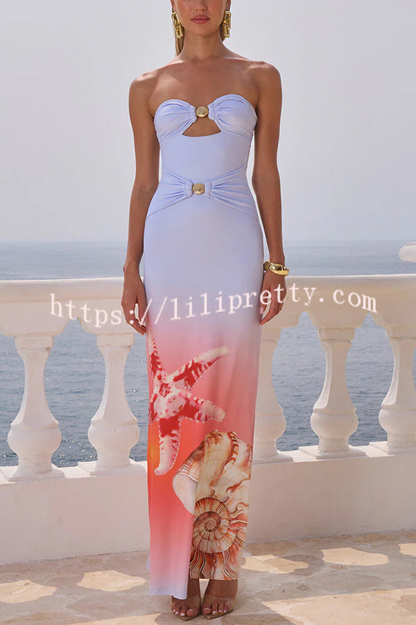 Fresh and Chic Sea Print Off Shoulder Metal Shell Cutout Stretch Maxi Dress