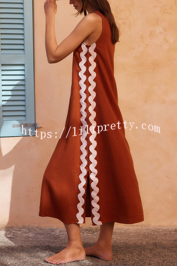 Lilipretty® Vacation Villa Side Ric Rac Wave Trim Slit Loose Maxi Dress