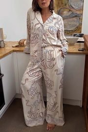 Calm Seas Line Octopus Unique Print Loose Shirt and Elastic Waist Pocketed Pajama Set