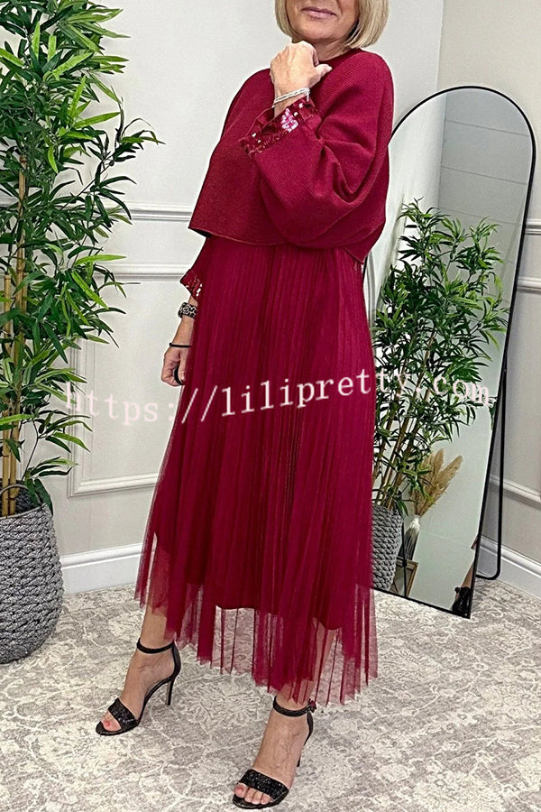 Fenna Ribbed Sequin Trim Batwing Sleeve Sweater and Pleated Tulle Stretch Tank Midi Dress Two-piece Set