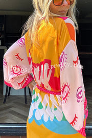 Elevate Beach Style Unique Print Long Sleeve Belted Pocket Cover-up Kimono