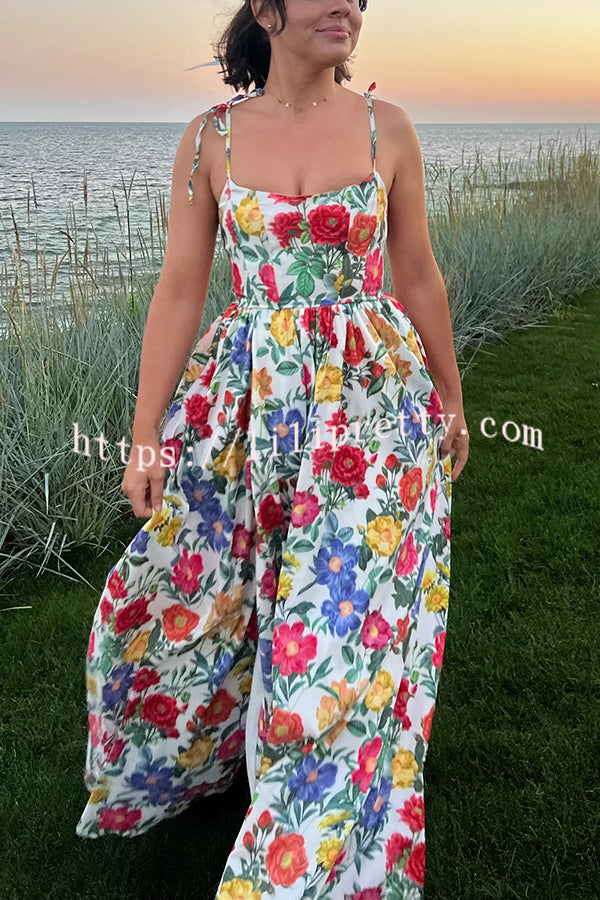 Garden Wedding Floral Print Back Tie-up Pocketed Slit Maxi Dress