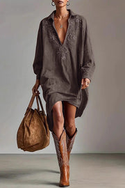 Fashionable Embroidered Loose Suede Long-sleeved Casual Mini Dress