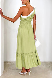 Fashion Sleeveless One Shoulder Tie Elastic Neck Pleated Maxi Dress