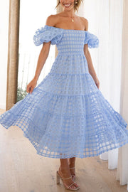 Dare To Dance Square Pattern Fabric Smocked Puff Sleeve Midi Dress