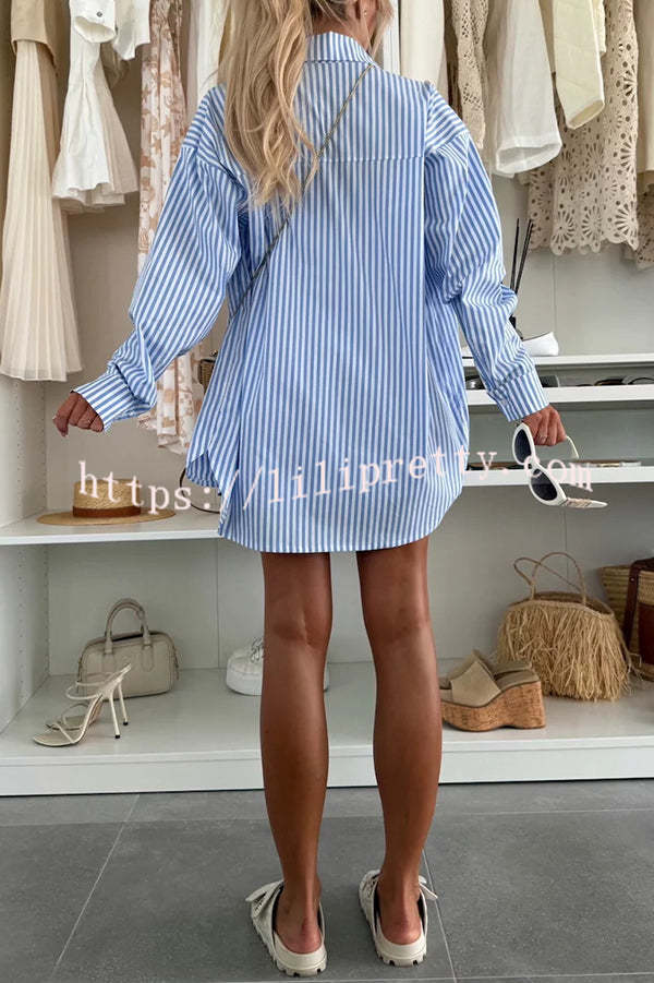 Zoie Striped Stretch Bandeau + Elastic Waist Pocket Shorts + Oversized Blouse 3 Pieces Set