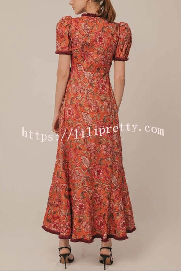 Bohemian Floral Print Elegant Puff Sleeve Holiday Maxi Dress