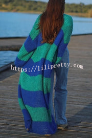 Fashionable Contrast Stripes Lazy Style Loose Long Knitted Cardigan