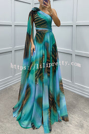 Lucia Unique Print Floral Detail One Shoulder Draped Sleeve Gown Maxi Dress