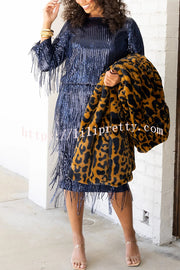 Insight Blueberry Sequin Fringe High Rise Elastic Waistband Midi Skirt