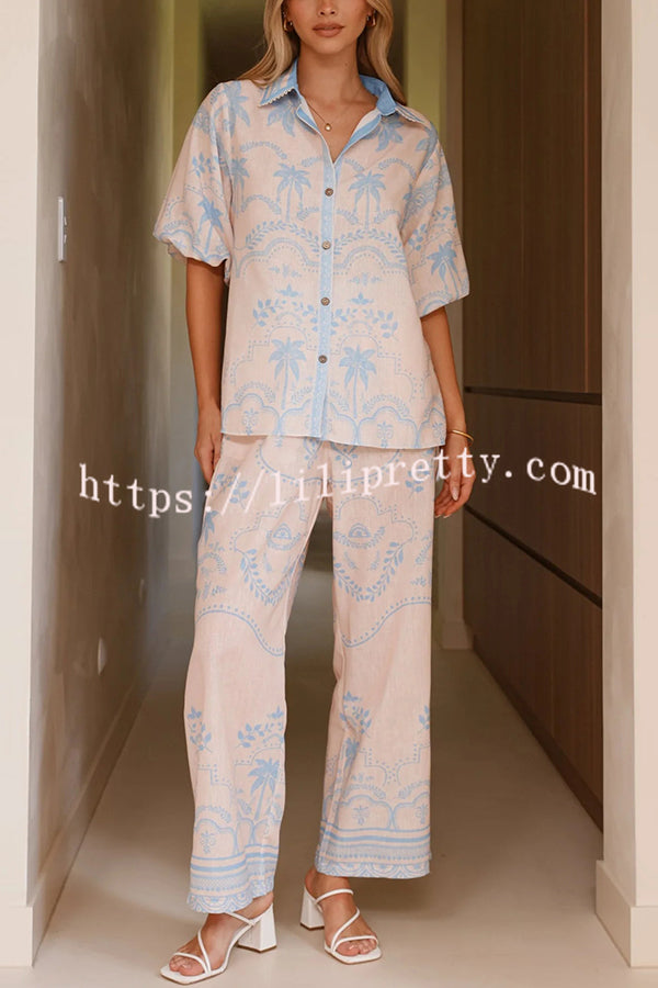 Linen Blend Lapel Puff Sleeve Loose Shirt and Casual Pocket Straight Pants Set