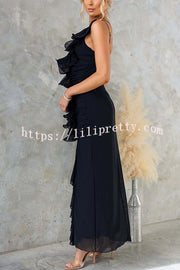 Fashion One-shoulder Pleated Sexy High Slit Slim Dress