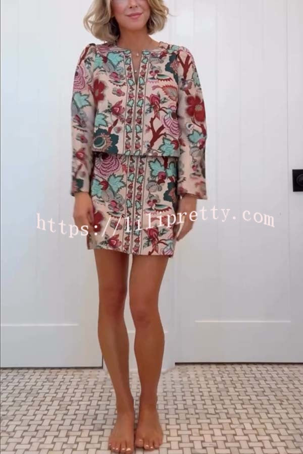 Autumn Garden Printed V-neck Long Bell Sleeve Top and Mid Rise Skirt Set