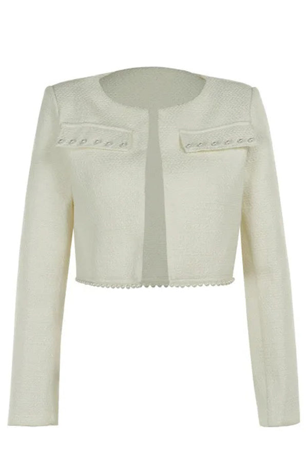 Stylish and Elegant Tweed Pearl-embellished Long-sleeved Jacket