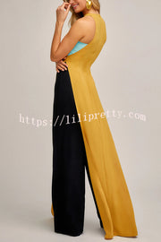 Fashionable Contrast Color Stitching Sleeveless Slim Maxi Dress