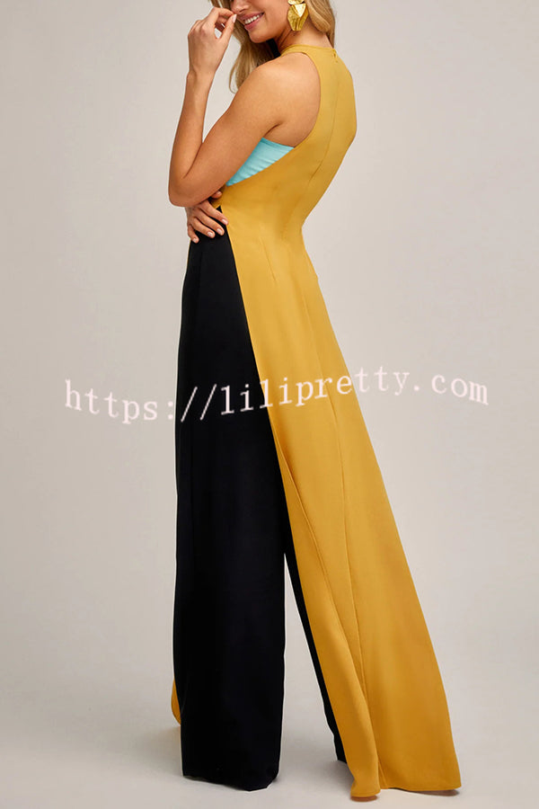 Fashionable Contrast Color Stitching Sleeveless Slim Maxi Dress