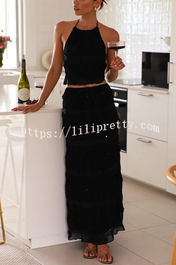 Feel Chic and Romantic Sequin Textured Material Back Elastic Halter Tie Tank