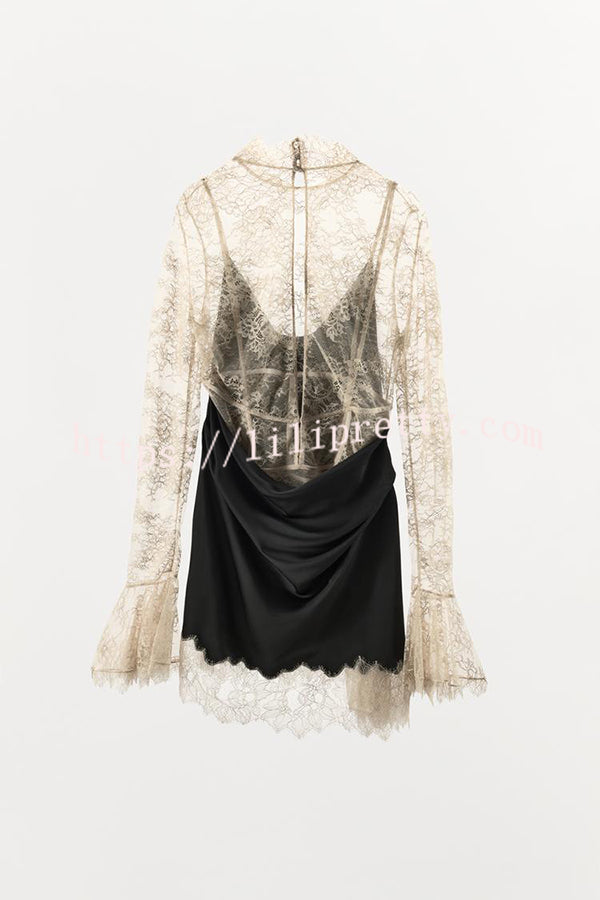 Gothic Romantic Lace Satin Patchwork High Neck Bell Sleeve Loose Mini Dress