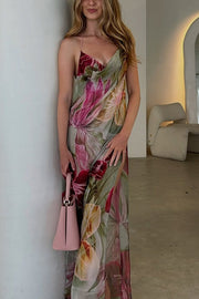 Floral Print Sexy Backless Slit See-Through Holiday Maxi Dress