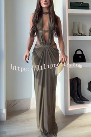 Khaki Hot-fix Rhinestone Shoulder Strap Cutout Design Backless Drape Maxi Dress