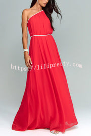 Elly One Shoulder Rhinestone Details Removable Belt A-line Maxi Dress