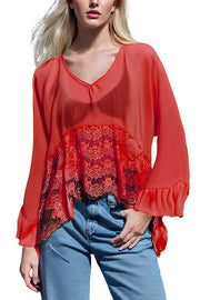 Fashionable Patchwork Lace Batwing Sleeve Loose Beach Cover Up