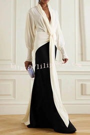 Fashion Contrast Color V-neck Tie High Waist Drape Maxi Dress