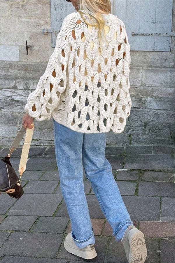 Solid Color Casual Hollow Long-sleeved Holiday Knitted Sweater