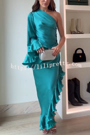 Elegant Satin One Shoulder Sleeve Pleated Ruffles Trim Ruched Asymmetrical Maxi Dress