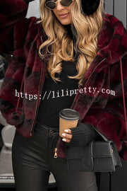 Winter Latte Gradient Print Ribbed Balloon Sleeve Hooded Loose Plush Coat