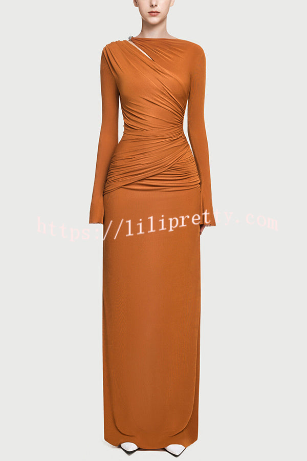 Stylish Long-sleeved Slim-fit Pleated Elegant Maxi Dress