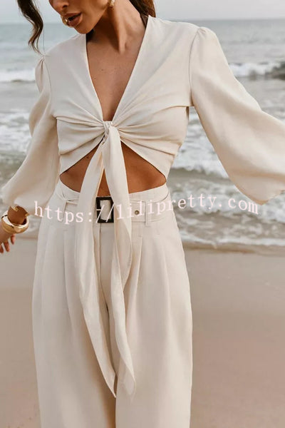 Lets Go Out Linen Blend Balloon Sleeve Wrap Tie-up Loose Top