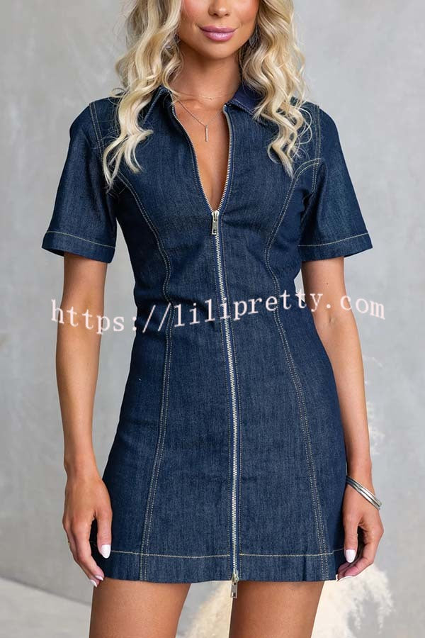 Street Chic Denim Shirt Neck Front Zip-up Stretch Mini Dress