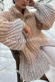 Lilipretty Warm Shining Heart Knit Sequin Balloon Sleeve Zipper Neck Loose Cardigan