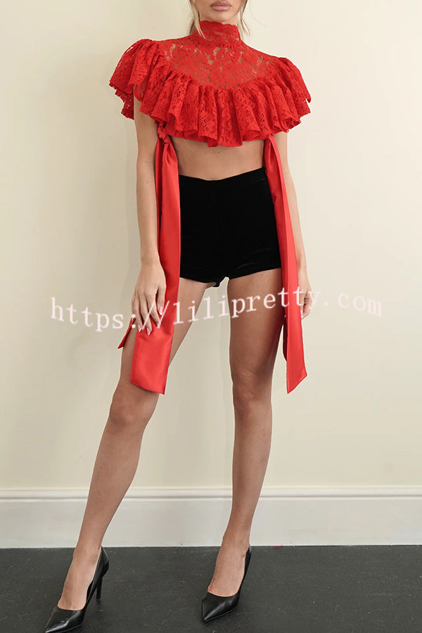 Clarissa Lace High Neck Side Tie-up Cascading Ruffles Cropped Cape Top