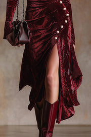 Elegant Velvet Long-sleeved Pleated Button Midi Dress