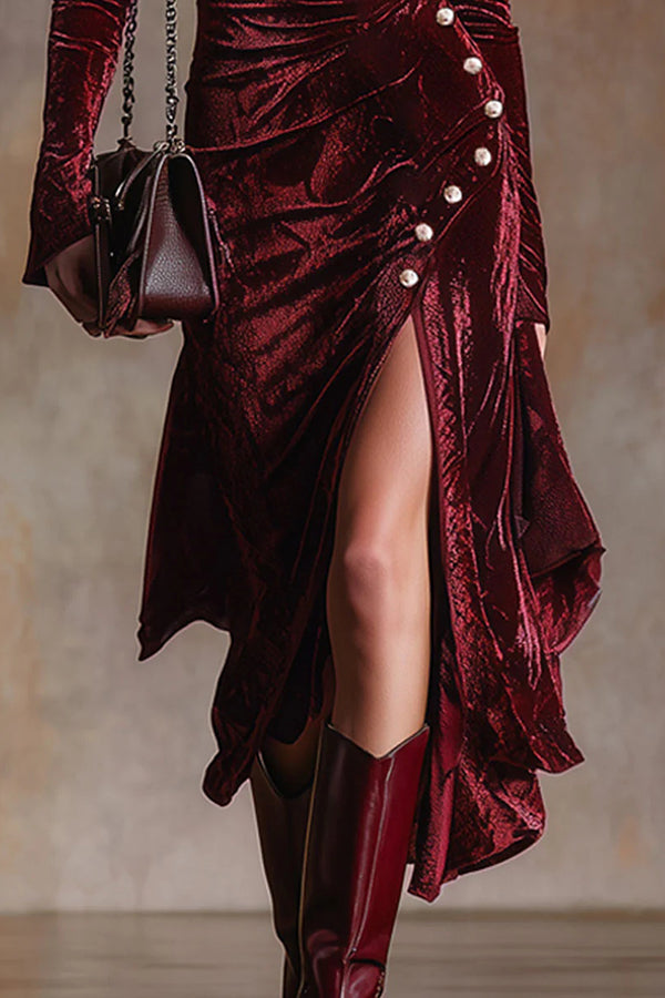Elegant Velvet Long-sleeved Pleated Button Midi Dress