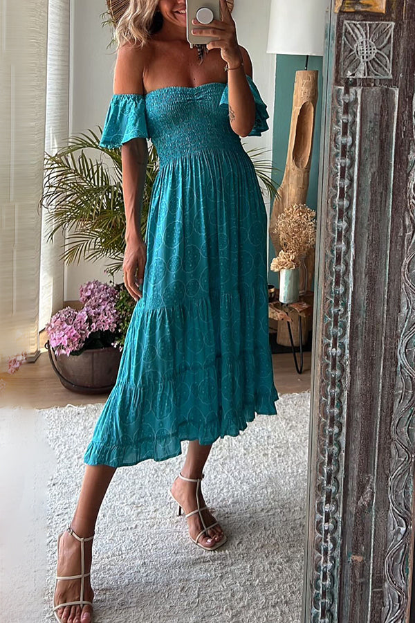 Lilipretty Cute on Repeat Ethnic Print Smocked Off Shoulder Tiered  Midi Dress