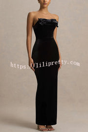 Illusion Velvet Bandeau neck Bow detail Stretch Maxi Dress