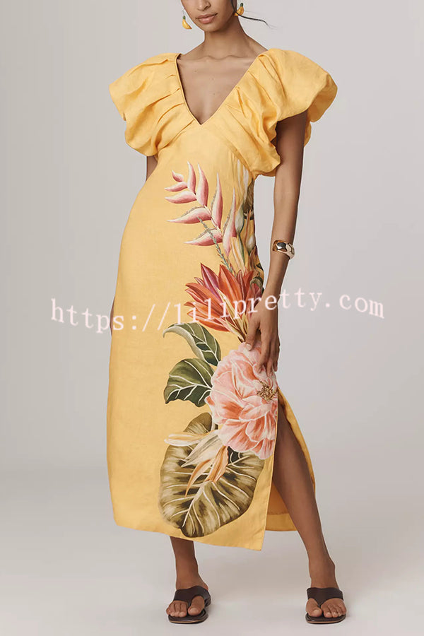 Plant Print V-neck Open Back Holiday Style Slit Midi Dress