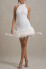 Dazzling and Playful Sequin High Neck Feather Trim Stretch Mini Dress