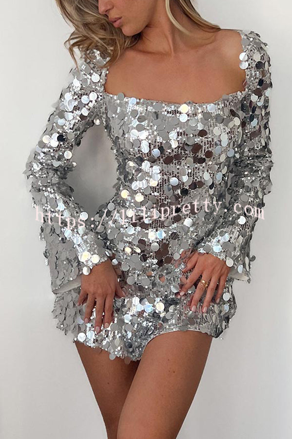 Bring The Disco Large Sequins Square Neck Long Bell Sleeve Backless Slit Mini Dress
