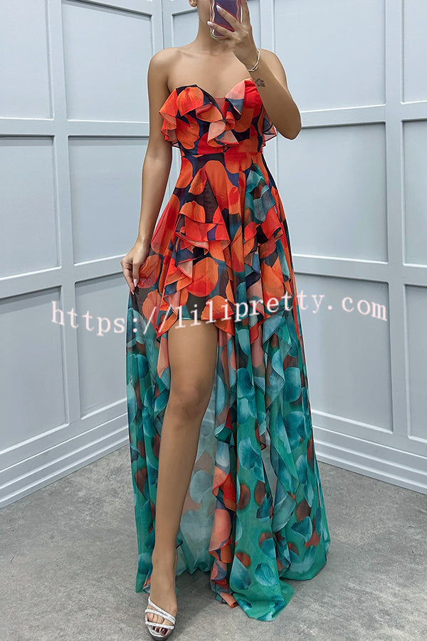 Loving Moment Gradient Unique Print Flowing Layered Ruffles Strapless Slit Maxi Dress