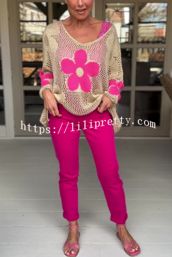 Embroidered Flower Hollow Long-sleeved Holiday Loose Knitted Top