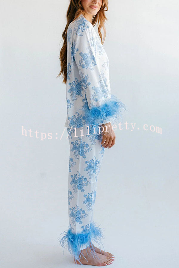 Sweet Daydreamer Floral Printed Feather Trim Elastic Waist Pocketed Pajama Set