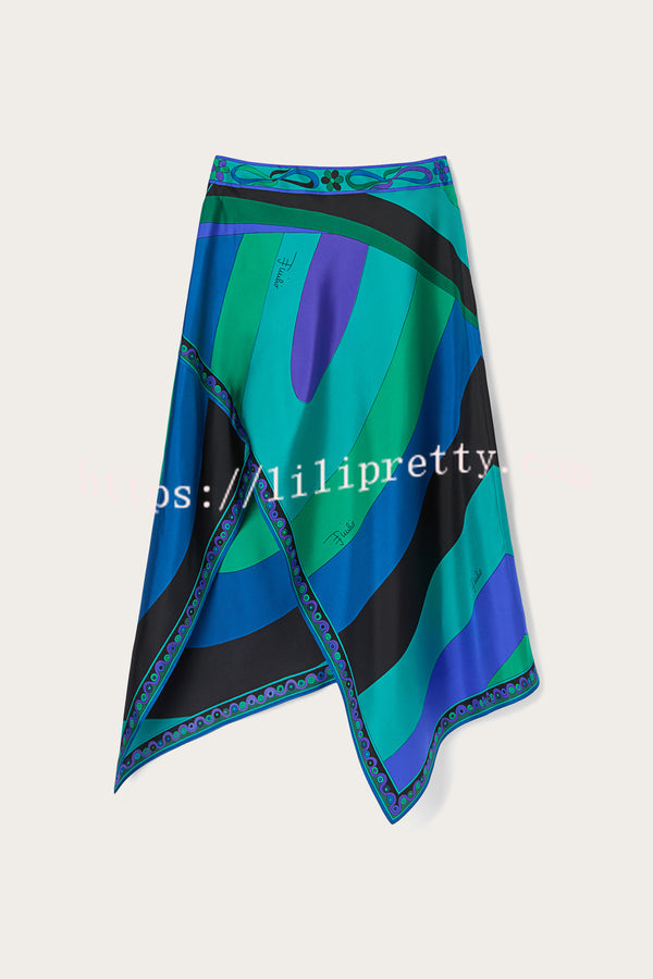 Gabbie Satin Unique Print Halter Scarf Tank and Asymmetrical Maxi Skirt Set