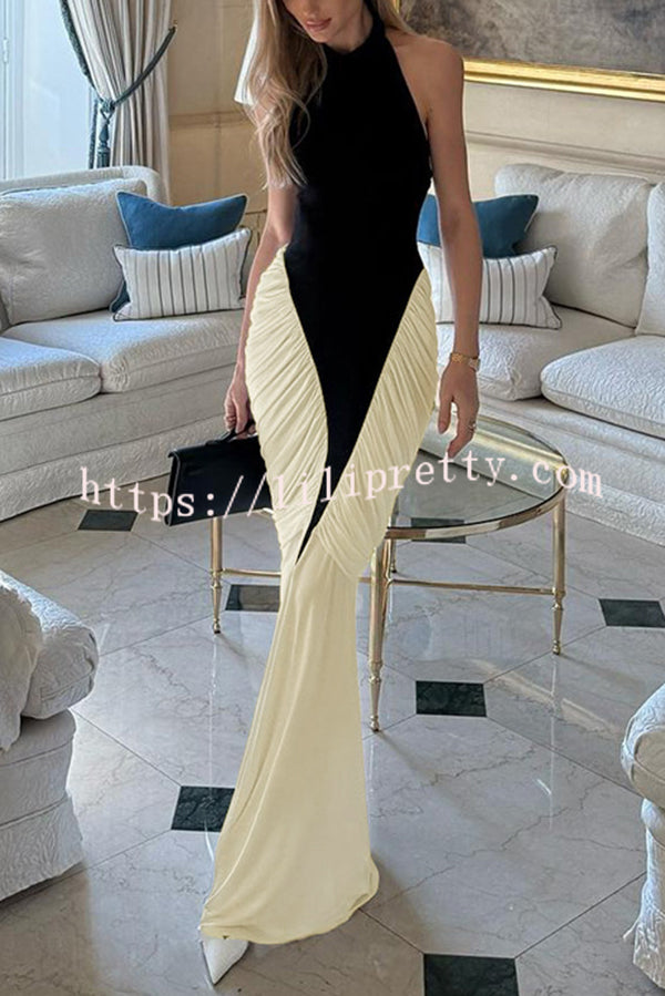 Fashionable Contrast Color Open Back Side Pleated Draped Maxi Dress
