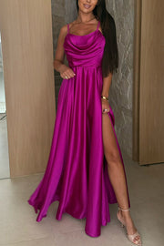 Solid Color Suspender Back Pleated Elegant Slit Full Hem Maxi Dress