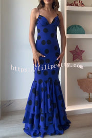 Eliora Mesh Polka Dot Print Gathered Bust Layered Fishtail Hem Maxi Dress