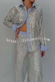 Fashion Sequined Loose Long-sleeved Shirt and Casual Elastic Waist Wide-leg Pants Set